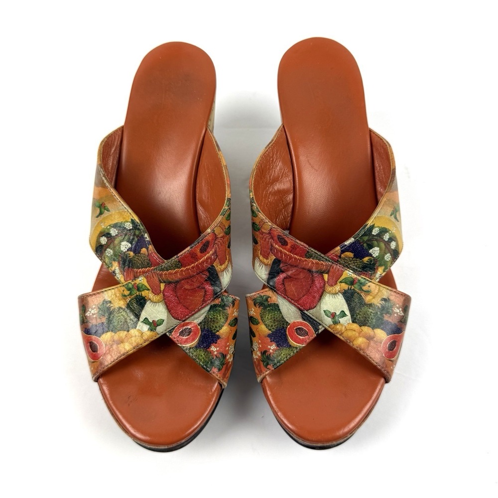 Icon Wearable Art Shoes 7 Floral Leather Cork Slip On Wedge Colorful Heels